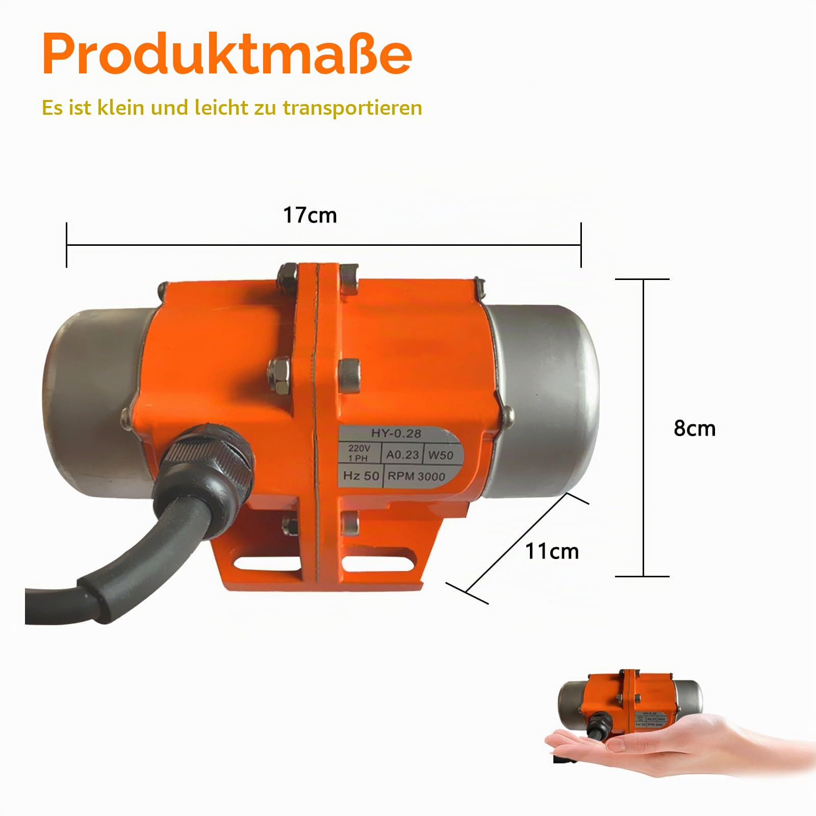 Betonrüttler, 70W Elektrischer Vibrationsmotor, 50KG Kraft, 3000 U/min, Einstellbarer Industrieller Rüttelmotor für Rütteltisch, Förderer, Bergbau, Chemie, Medizin, Bau & Lebensmittelindustrie