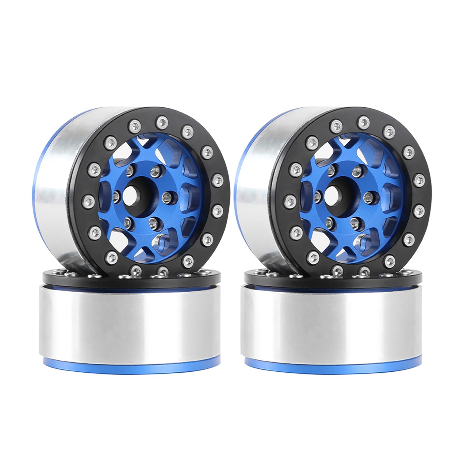 KINGCOO 4PCS 1.55 Inch Aluminum Alloy Metal Beadlock Wheel Rim Hubs Replacement for 1/10 1/12 RC Crawler Car Upgrade Parts for Axial SCX10 MN D90 TF2 CC01 UTB18 Tamiya 1.55" Tires (Blue) — image 1