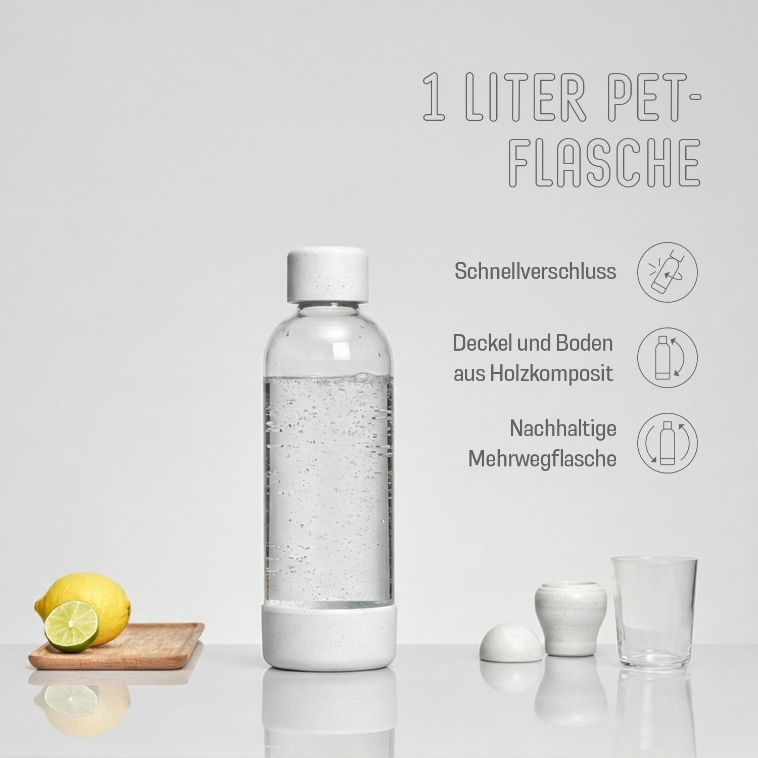Mysoda: Woody Wassersprudler aus erneuerbarem Holzkomposit mit 1L Quick-Lock BPA-freier Plastikflasche (ohne CO2-Zylinder) - Weiß