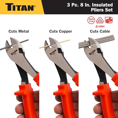 Miniatura 10 de Titan Juego de alicates aislados VDE de 3 piezas, incluye alicates combinados, de nariz larga y diagonal, de 8 pulgadas, certificado según EN 60900,
