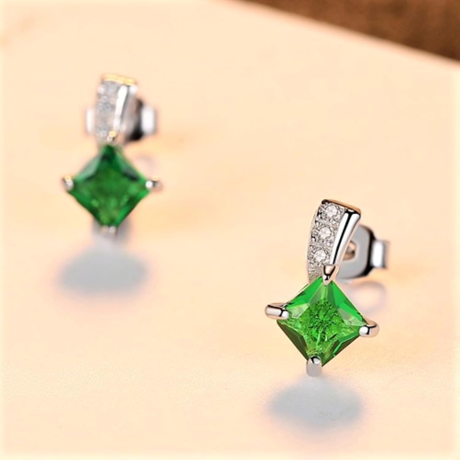 Hypoallergenic Gemstone Stud Earrings, 925 Sterling Silver Brilliant Emerald & CZ Diamond Earrings, Posts Nickel Free, Princess Earrings Green Color for Women Wife Mother - Image 4