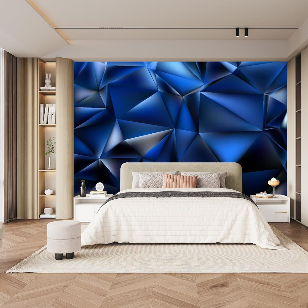 Blue Geometry 3D Print Wallpaper, Cool and Luxurious Peel and Stick Self-Adhesive Removable Wall Mural,for Bedroom Living Room TV Background Sofa Wall,48" W x 36" H-PVC