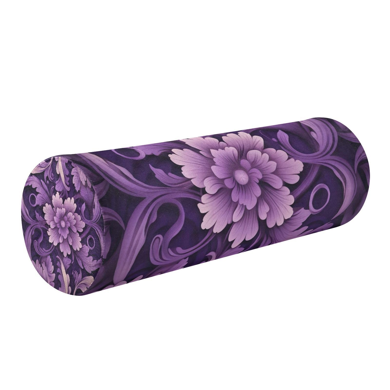 Kigai Cervical Neck Roll Memory Foam Pillow for Pain Relief Sleeping Purple Flowers Cervical Bolster Round Pillow with Removable Washable Cover for Neck Back Lumbar Support