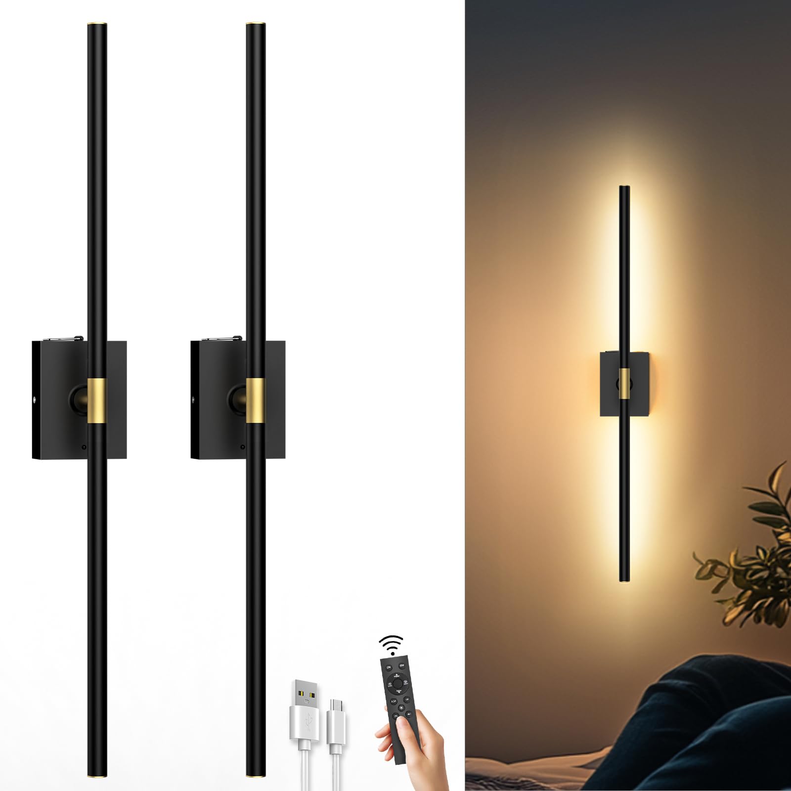Photo 1 of iThird Battery Operated Wall Sconces Set of 2, 10000mAh, Remote, Black