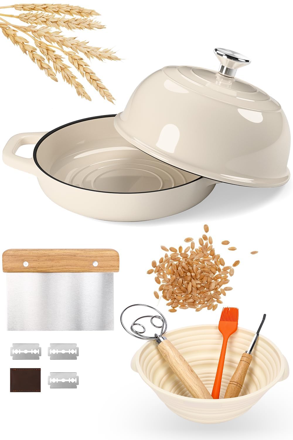 GFTIME Casserole en fonte avec couvercle, 5 quart Dutch Oven, moules à pain avec panier de fermentation, trancheuse, mélangeur à pâte, casserole en fonte pour cuisine, pâtisserie
