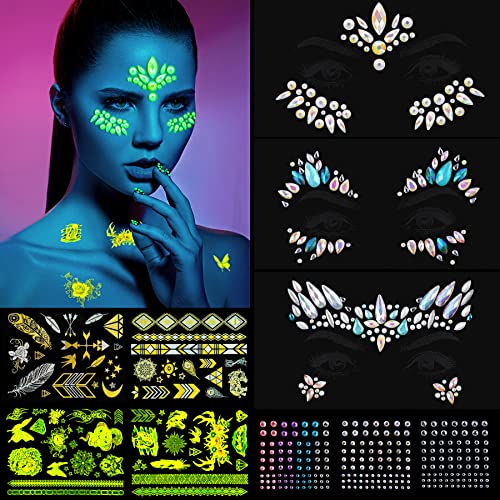 10 Blätter glitzersteine gesicht, Strasssteine Gesicht Temporäre Tattoos Wolf Löwe Tiger Tiere Temporäre Tattoos Schädel Rose Fake Tattoo Aufkleber Leucht im Dunkle für Party Karneval Cover