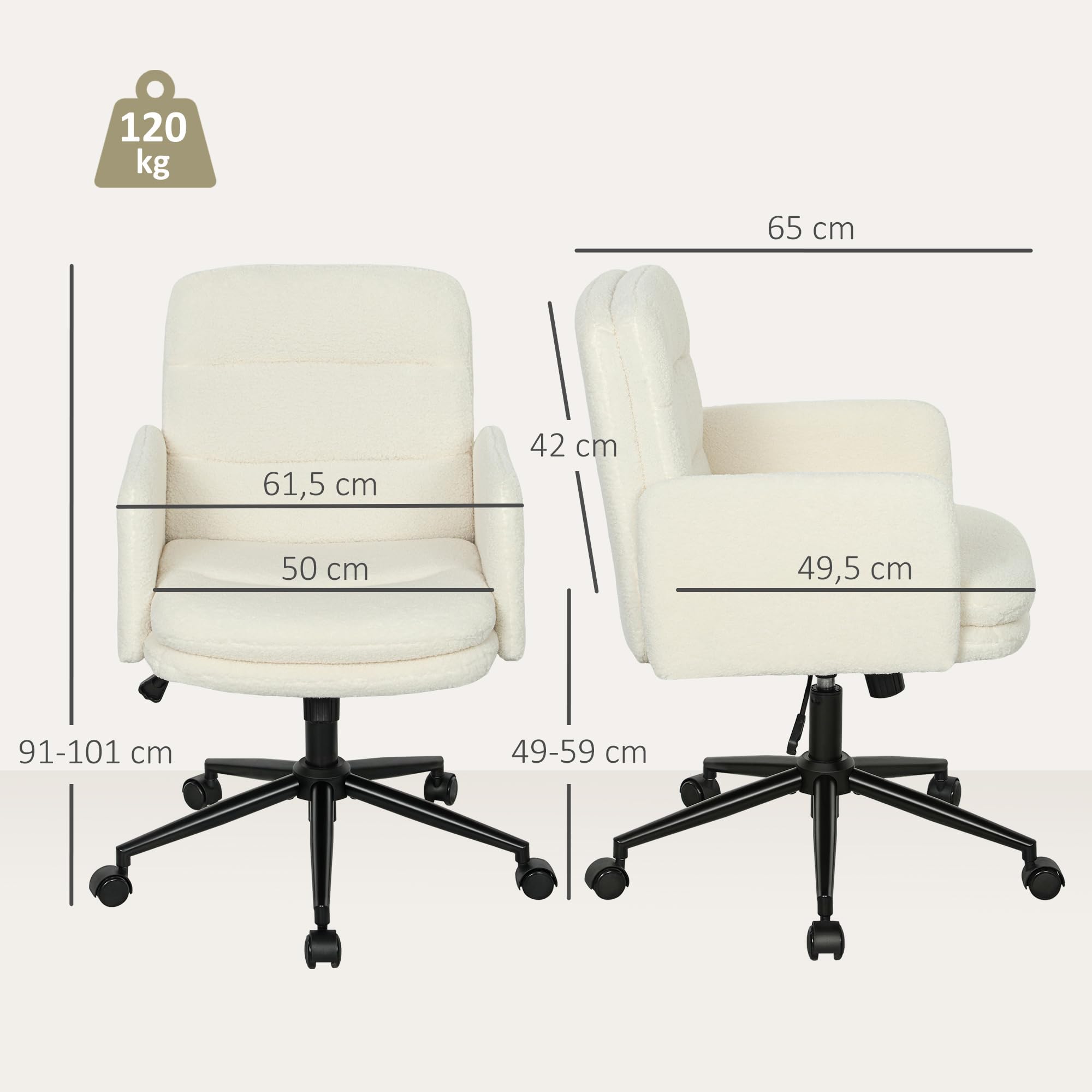 HOMCOM Chaise de Bureau, Fauteuil de Bureau Ergonomique, Crème