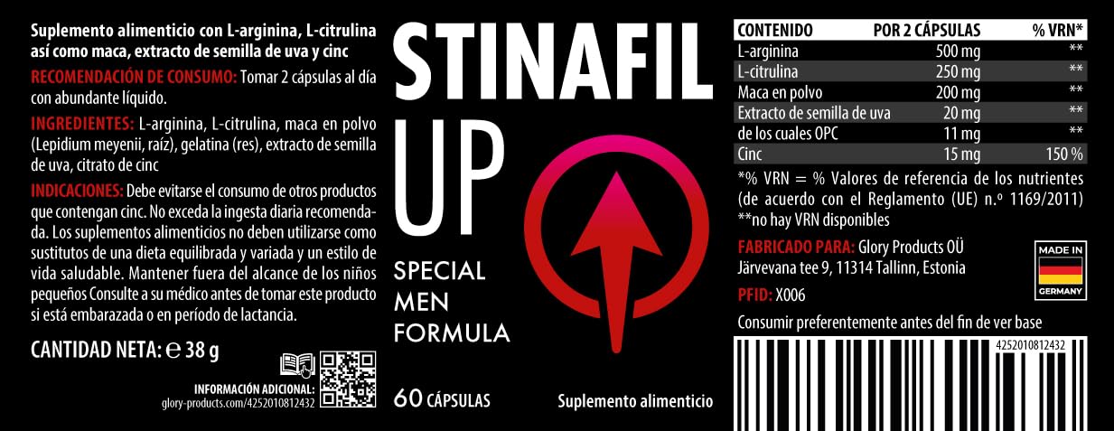 Stinafil Up Caps | Con ingredientes especialmente seleccionados como maca o L arginina | 60 cápsulas por lata 1x