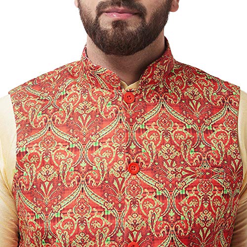 Image of SOJANYA (Since 1958 Men's Silk Blend Gold Kurta Pyjama & Printed Nehrujacket Combo