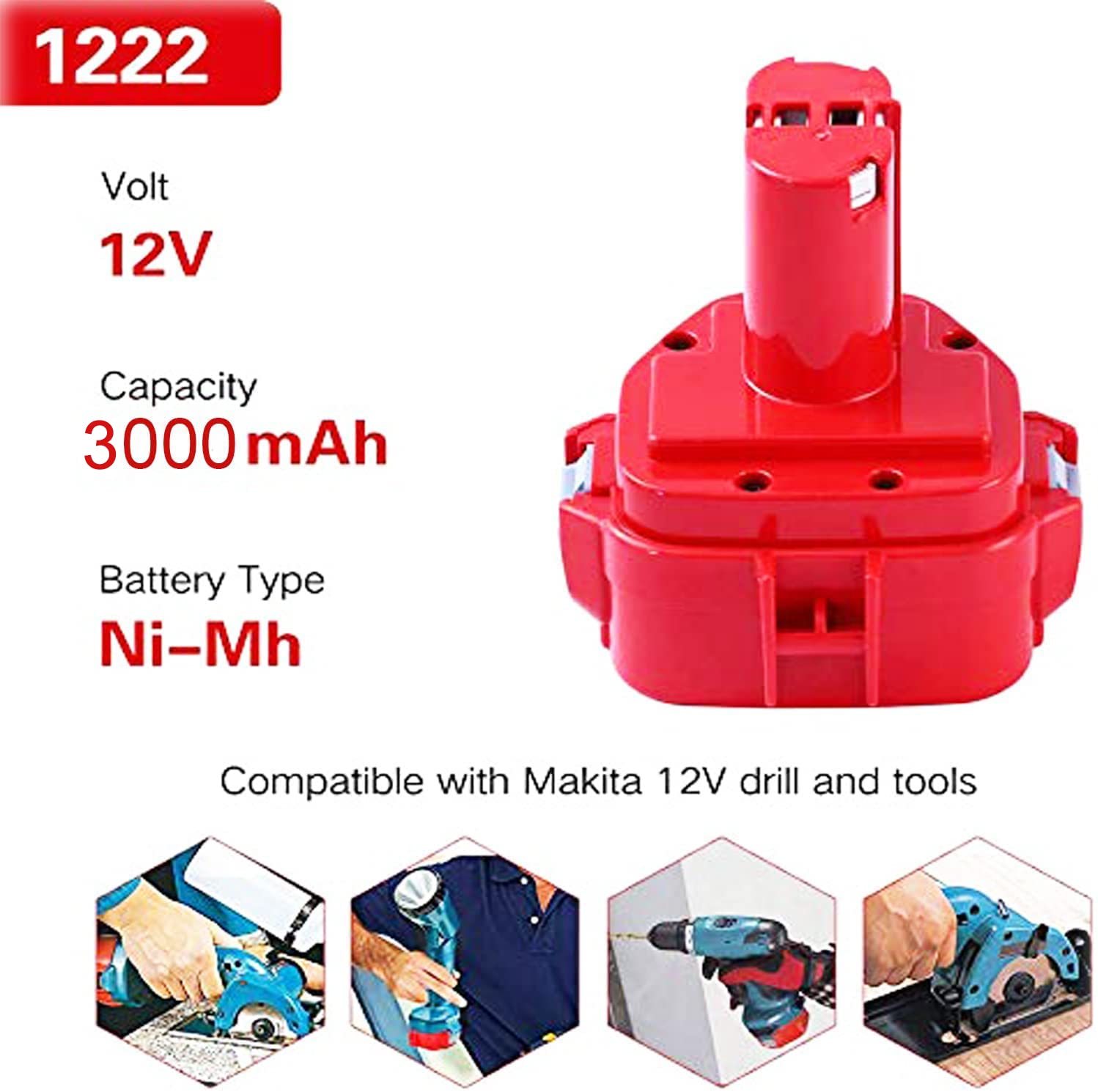 2pcs 3,0Ah 12V Ni-MH Batterie pour PA12 12V 1220 1222 1233 1200 1234 1235 1235B 1235F 1235A 192696-2 192698-8 192598-2 192681-5 192698-A 193138-9 193157-5