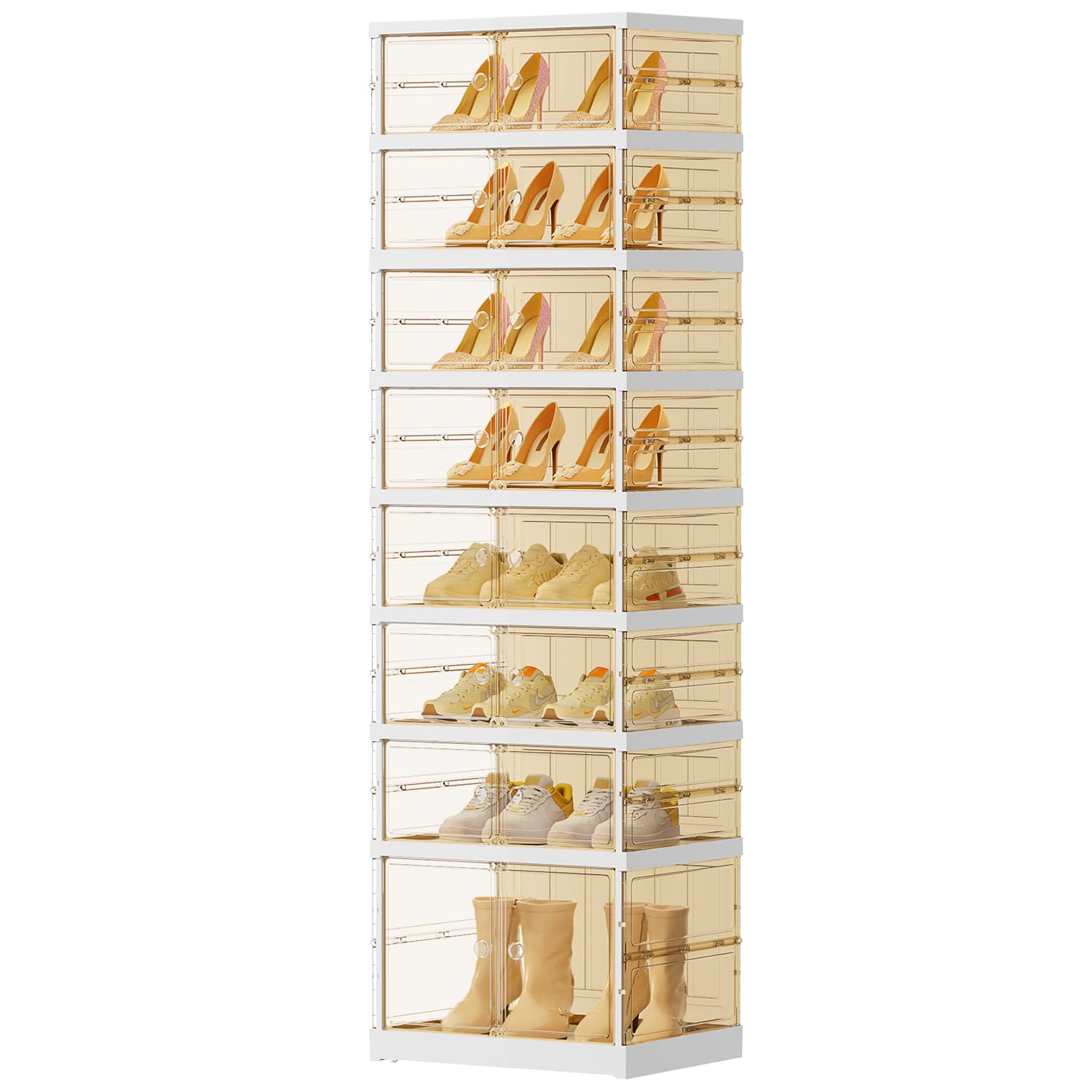 EHAMILY 8 Tiers 8-16 Pairs Foldable Shoe Boxes Large Plastic Shoe Storage Rack Collapsible Shoe Organizer for Closet Tall Shoe Shelf Clear Stackable