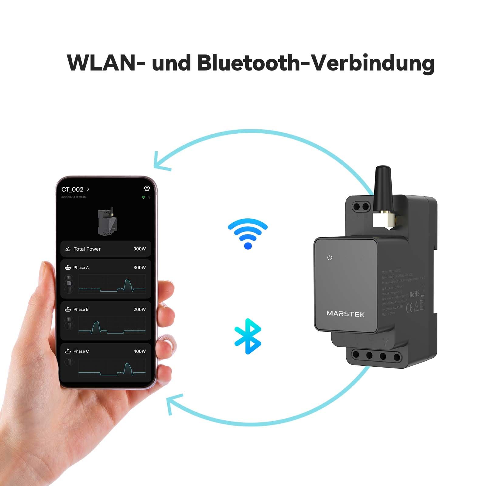 MARSTEK Smart Meter CT002 (Upgrade 2026), WLAN & Bluetooth, Dreiphasige Leistungsabtastung, Einphasig kompatibel, DIN-Schienen-Montage, App-Steuerung
