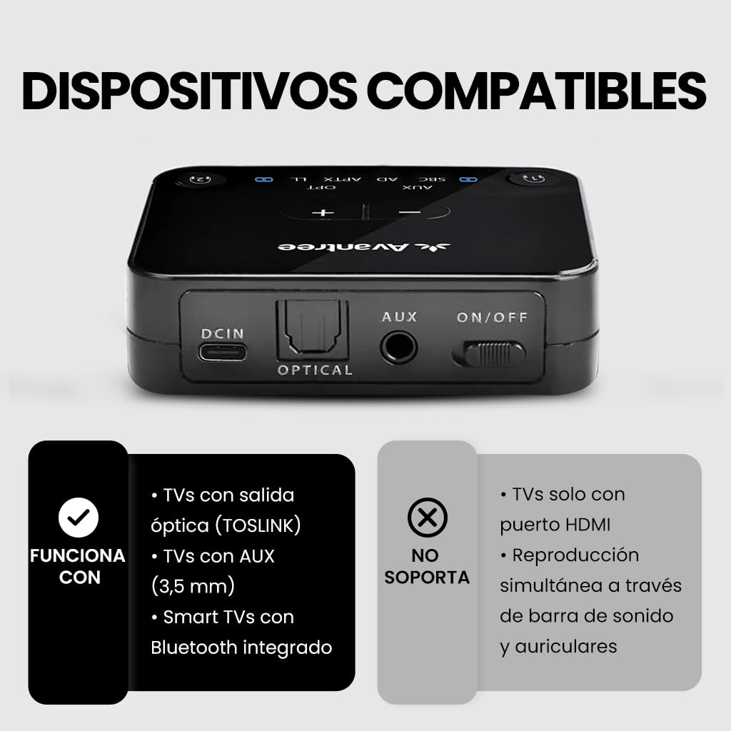 Avantree HT41899 Plus 2 - Dual Auriculares Inalámbricos TV Bluetooth 5.3 con Transmisor, Bases de Carga, aptX Adaptive y Baja Latencia, Compatible con Salida Óptica y AUX 3,5 mm