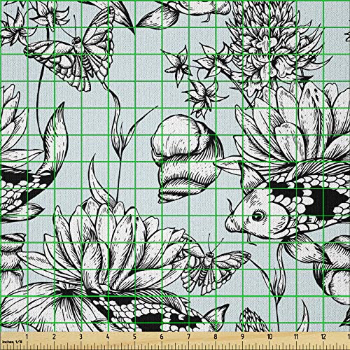 ABAKUHAUS Shabby Chic Microfaser Stoff als Meterware, Teich-Wasser-Blumen, Deko Basteln Polsterstoff Textilien, 2M (230x200cm),Babyblau Weiß Schwarz