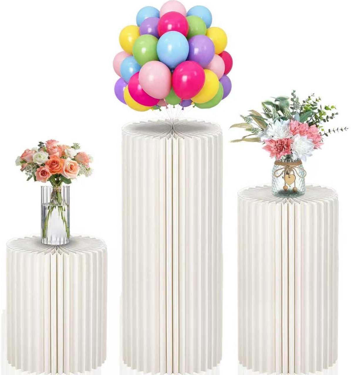 Cylinder Stands for Party, 15.7"+23.6"+31.5" Round Pedestal Stand, Foldable Cardboard Columns Cylinder Tables, Pedestal Display Plinth Pillars with Balloon&Pump for Wedding Birthday Party (3)