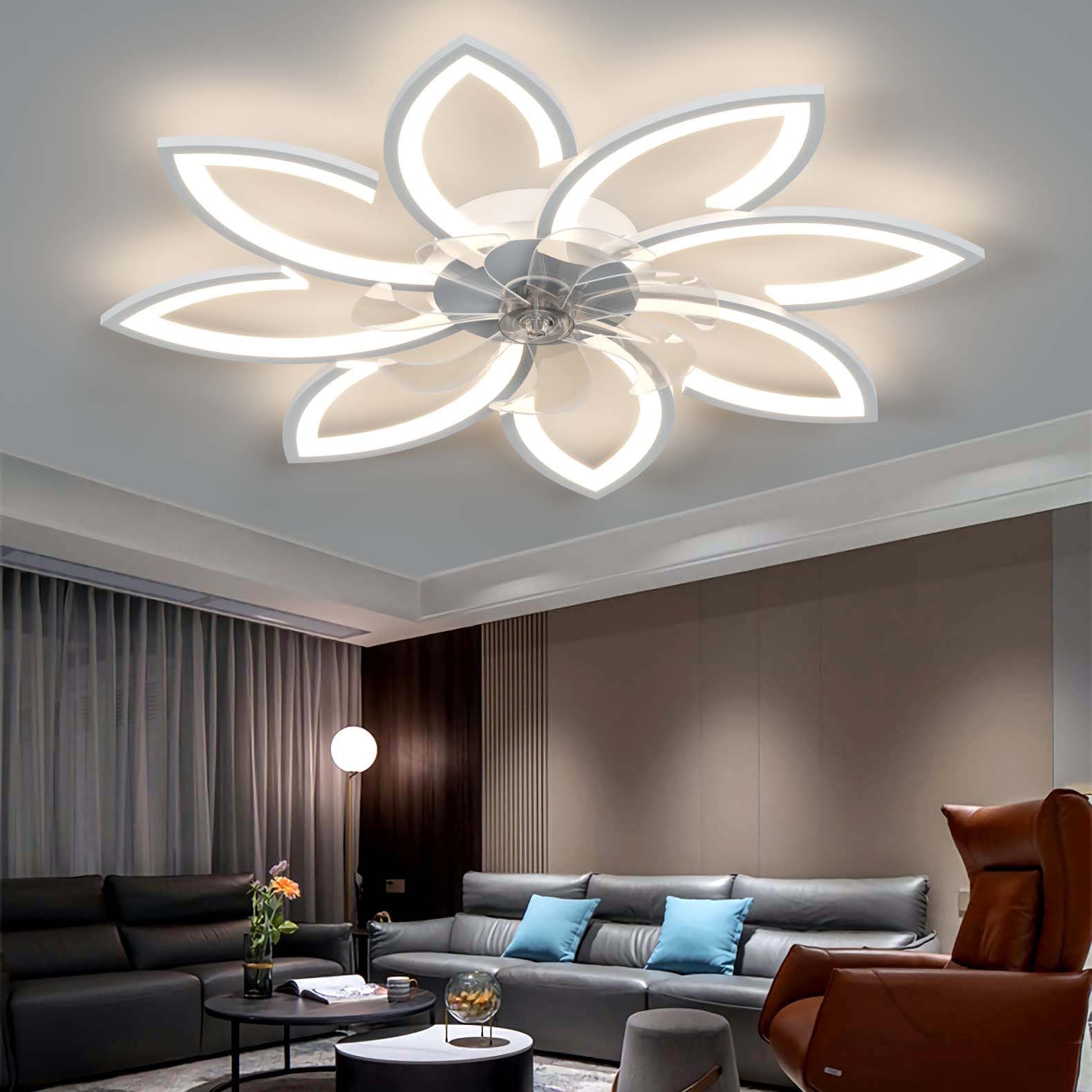 YUNZI Muto Ventilatore da soffitto con luce con telecomando, LED Dimmerabile Lampada da soffitto Moderno Illuminazione per Soggiorno Camera da letto, Regolabile 6 velocità, Bianco 90CM