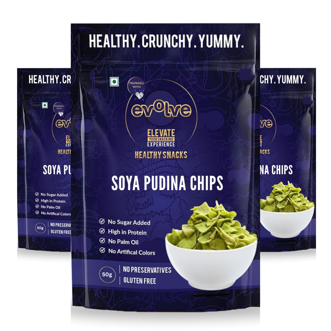 Soya Pudina Chips Healthy Snacks Pack of 3 | All Natural Soya Chips | Rich in Protein and Minerals | Vacuum Fried | Guilt Free Wholesome Goodness | Pudina Flavouring