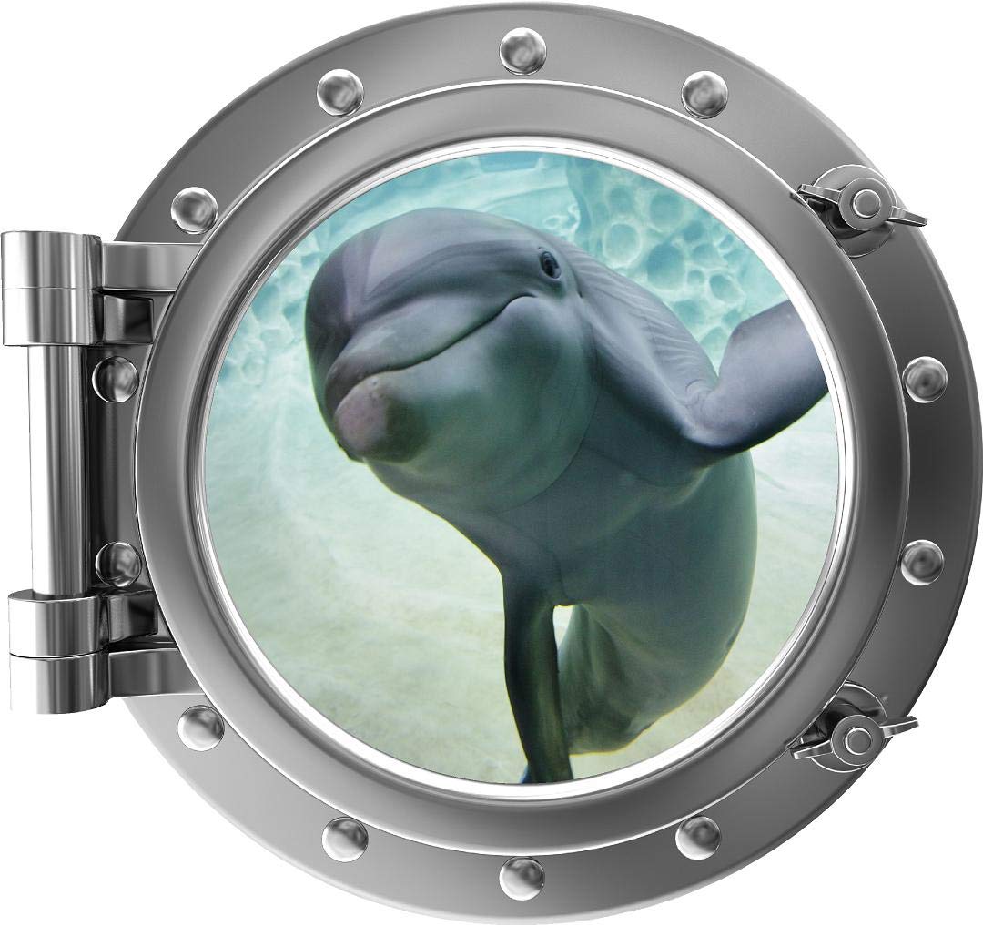 18" Port Scape Instant Sea Porthole 3D Window View Dolphin #2 Silver Porthole Portal Removable Wall Sticker Peel & Stick Ocean Wall Art for Childrens Room Decor
