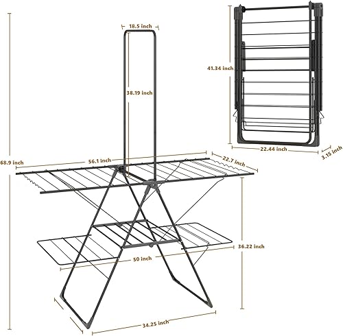 Miniatura 3 de Bigzzia Tendedero de Ropa Plegable, Perchero Alto de 68.9 Pulgadas Tendedero de Lavandería con 4 Alas Ajustables en Altura, Secador de Ropa Ligero y