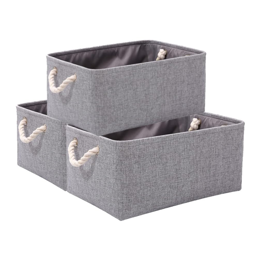 June Tech 3 Pcs Fabric Canvas Storage Boxes with Handles - Small Grey Storage Basket for Cupboards Shelves, Toys, Clothes, Office