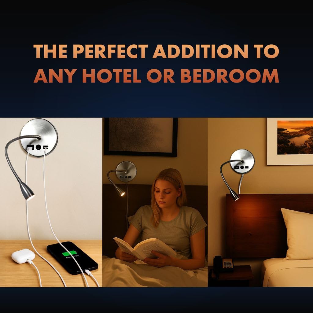 Newhouse Lighting Selene Lampe de lecture col de cygne en acier brossé avec ports de charge USB-A et USB-C NHRL-SE-SLV, 11,4 x 38,1 cm (l x H)