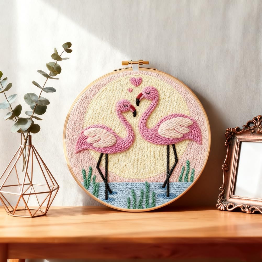 INFUNLY Pink Flamingos Punch Needle Kit Round 8.7" DIY Embroidery Punch Needle Set for Adults Beginner Punches Stitching Starter Kits with Easy to Follow Instructions Couples Festival Gift Home Decor