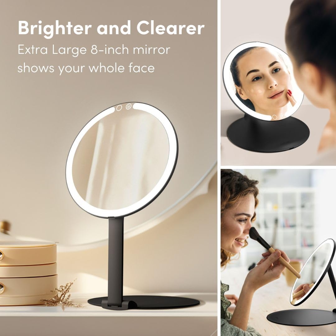 Fancii Abigail - Specchio da viaggio ricaricabile con luce LED, supporto pieghevole da 20,3 cm, illuminazione a 3 colori, specchio da viaggio dimmerabile e leggero, essenziale da viaggio (nero)