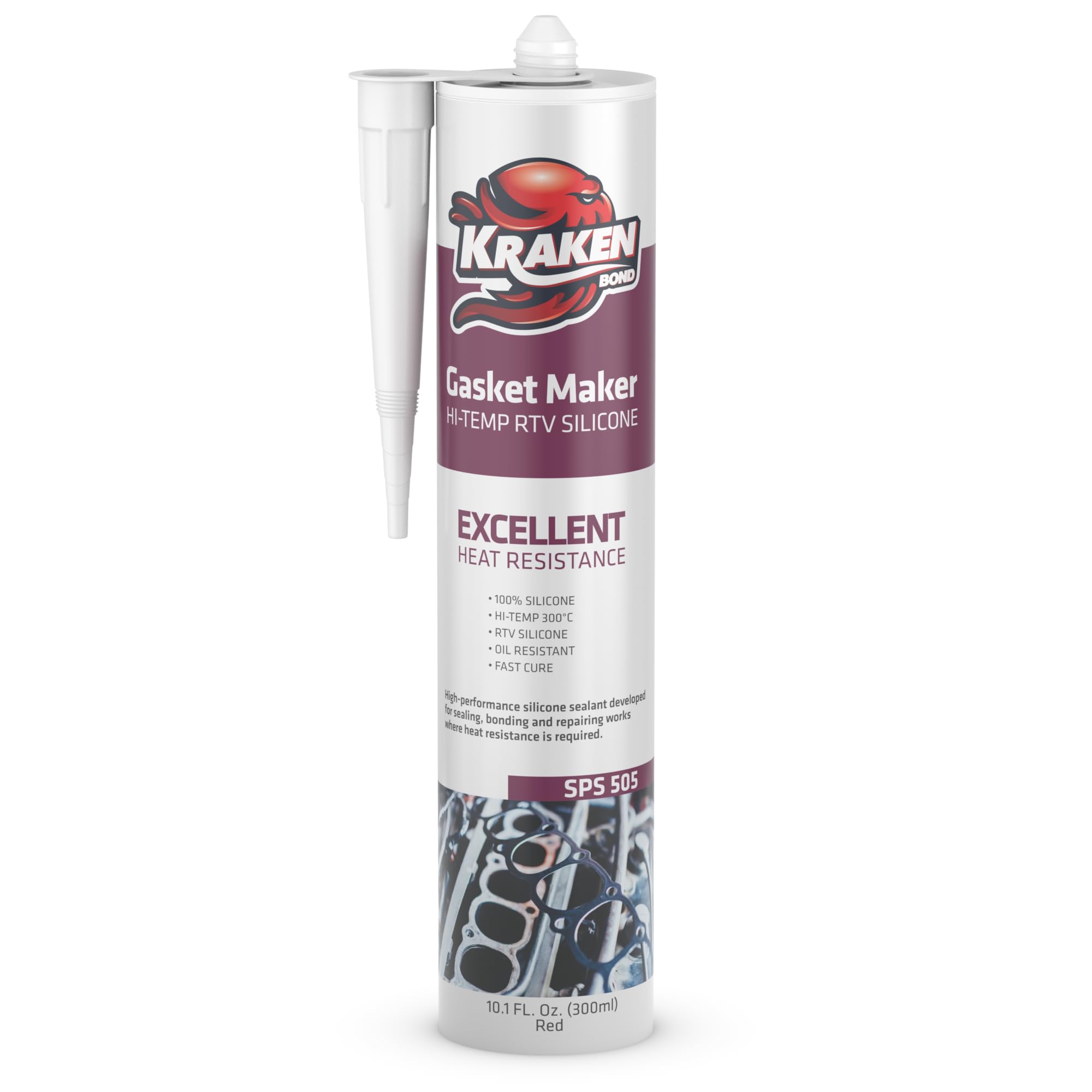 Kraken Bond Red RTV Silicone Gasket Maker - (1x10.1 fl.oz) High Temp Silicone Sealant for Automotive, Heat Resistant Up to 600F, Oil Resistant Automotive Silicone Sealant, 1 Pack