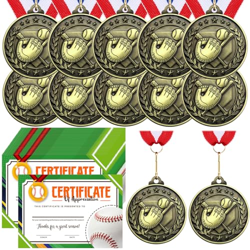 Loetere 12 Pcs Baseball Award Medals with 12 Pcs Achievement Award Certificates Baseball Team Participation Medals Softball Certificates Party Favors for Team Competitions Trophy Prize