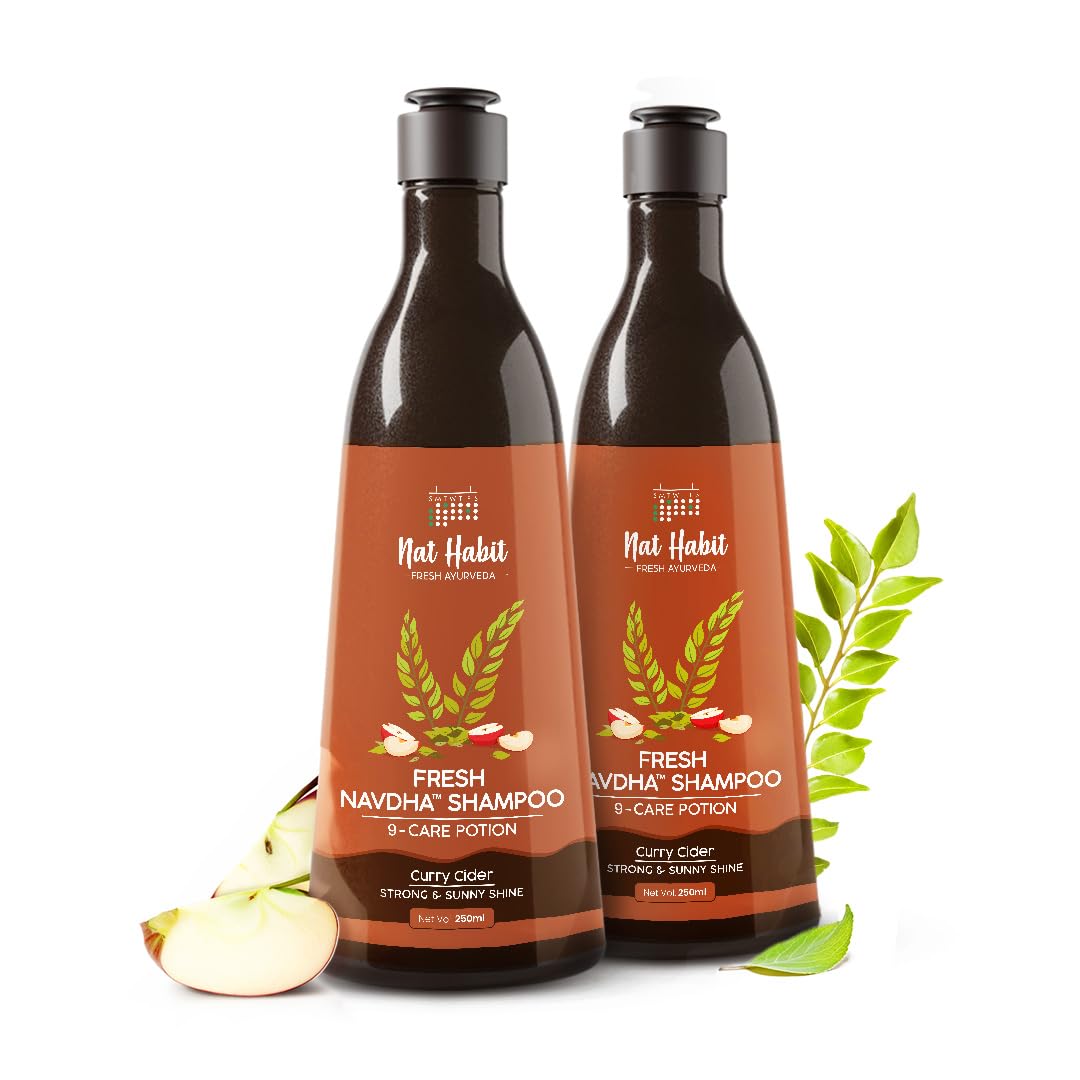 Nat Habit Curry Cider Navdha Shampoo for Breakage Control & Shiny Hair| Apple Vinegar & Fermented Soy| Amla Reetha Shikakai Herbal Shampoo for Women & Men|Natural ACV for Deep Conditioning|Pack of 2 X 250ml
