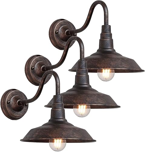 RIIGOOG Paquete de 3 lámparas de granero de cuello de cisne para exteriores, estilo retro, de 10 pulgadas, lámpara de pared exterior de hierro,