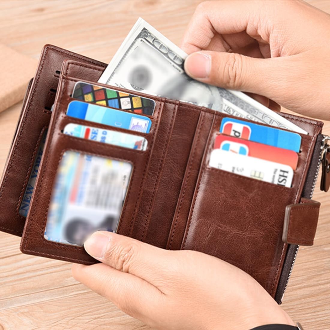 Cartera con Bloqueo RFID, Billetera Plegable para Hombre, Billetera De Cuero con 14 Ranuras para Tarjetas, Billetera Multifuncional Liviana, Billetera De Viaje (Khaki)