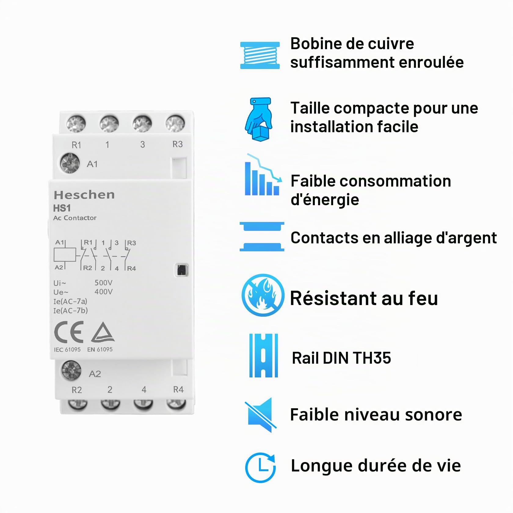 Heschen Contacteur ca domestique, HS1-25, Ie 25A, 4 pôles, 2NO 2NC, AC12V Tension de la bobine, 35mm Montage sur rail DIN
