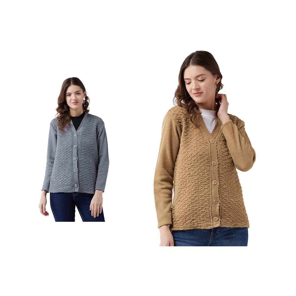pivl Self Design V Neck Casual Women Sweater/Cardigan for Winter (Medium, Grey) Women's Blended V-Neck Cardigan Sweater (PV502_Camel-picture-30