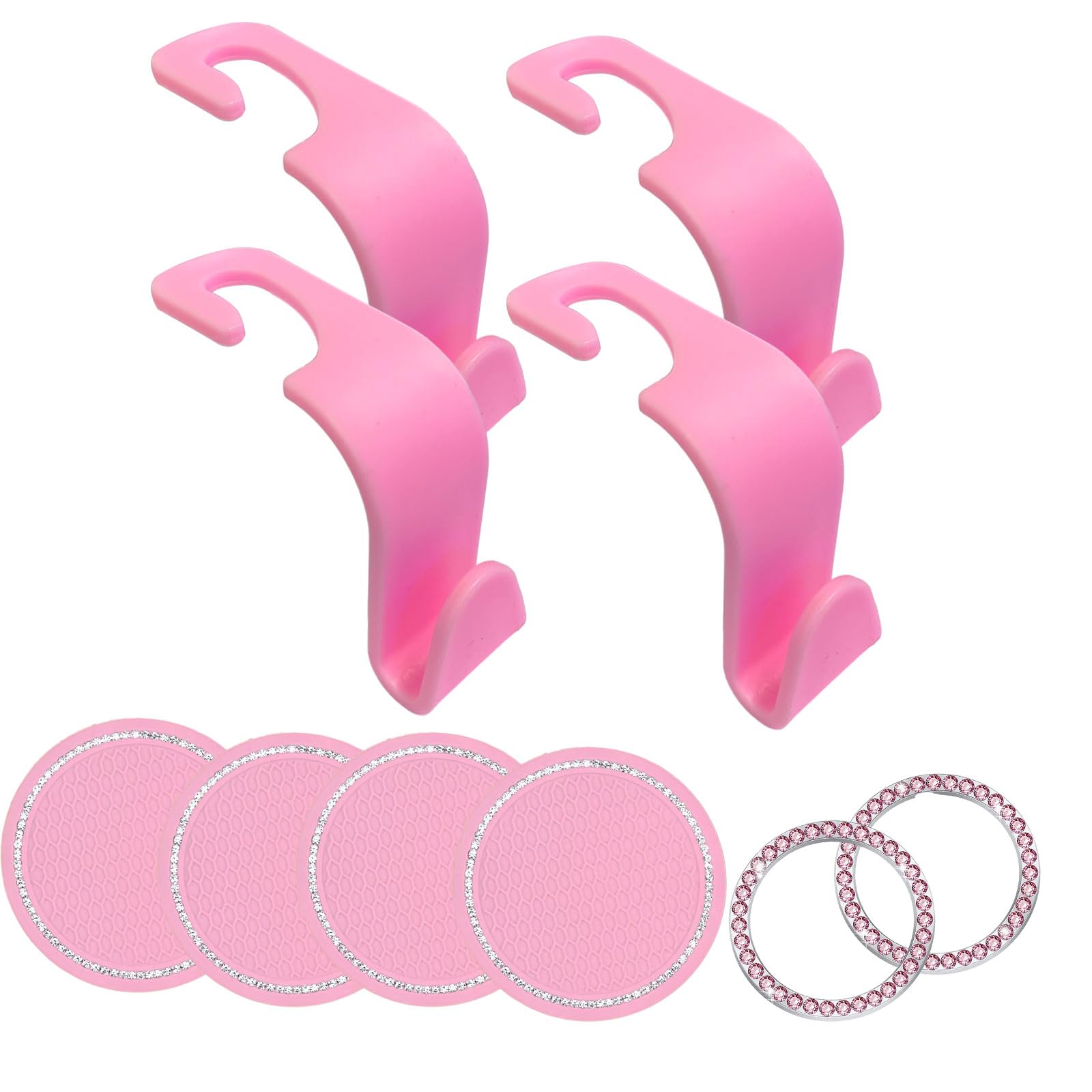 LCWLJL 10 Pcs pink Car Interior Accessories，Universal Car Seat Headrest Hook，Bling Car Start Button Ring Covers，Bling Car Coasters, Bling Cup Holder