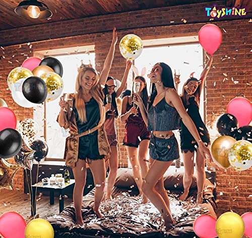 Image of Toyshine 86 Pcs Balloon Party Decoration Combo | 25 Black Metallic, 25 Gold Chrome, 25 Red Metallic, 10 Confetti Balloons, 1 Tape for Birthday Anniversary Theme Party