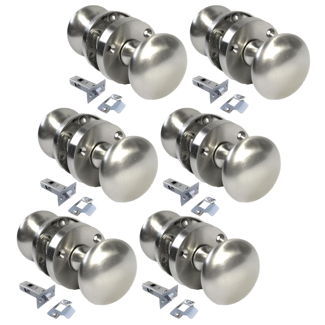 Satin Nickel Round Door Knob Set - Victorian Style Sprung Internal & External Door Knobs for Mortice Locks & Tubular latches (6 Pair of KNOBS + Tubular Latch)