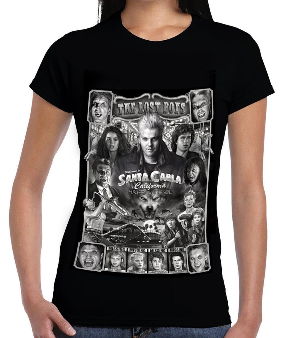 Wild Star Hearts Santa Carla Lost Boys Womens Capsleeve Tshirt, Black T-Shirt with Occult Dark Fantasy Art