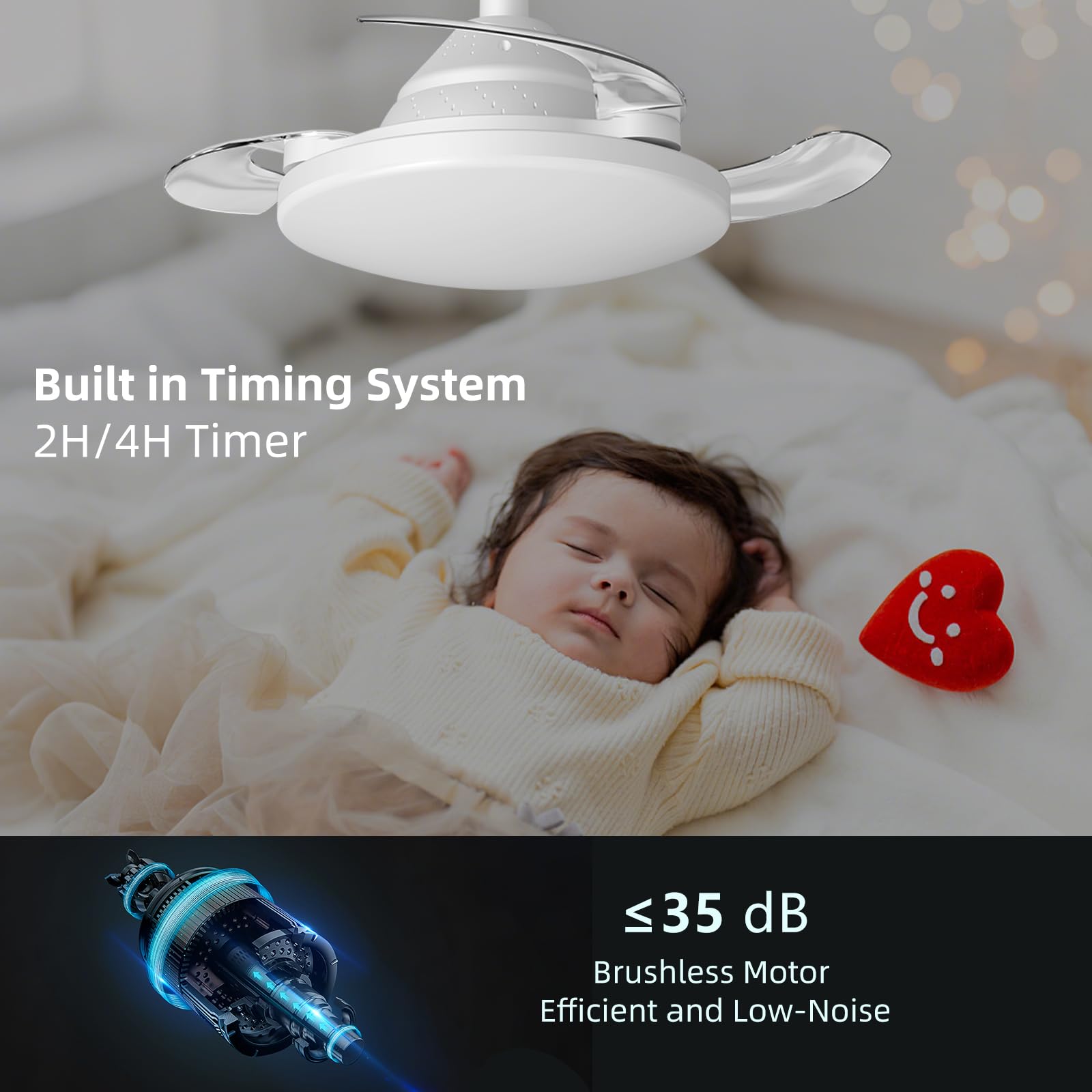 YISUN Ventilatore da Soffitto con Luce LED, 57CM Ventilatore da Soffitto con Invisibile Pale Retrattili, E27 Silenzioso Lampadario con Telecomando,Tempistica, 3 Tonalità Dimmerabile & 3 Velocità