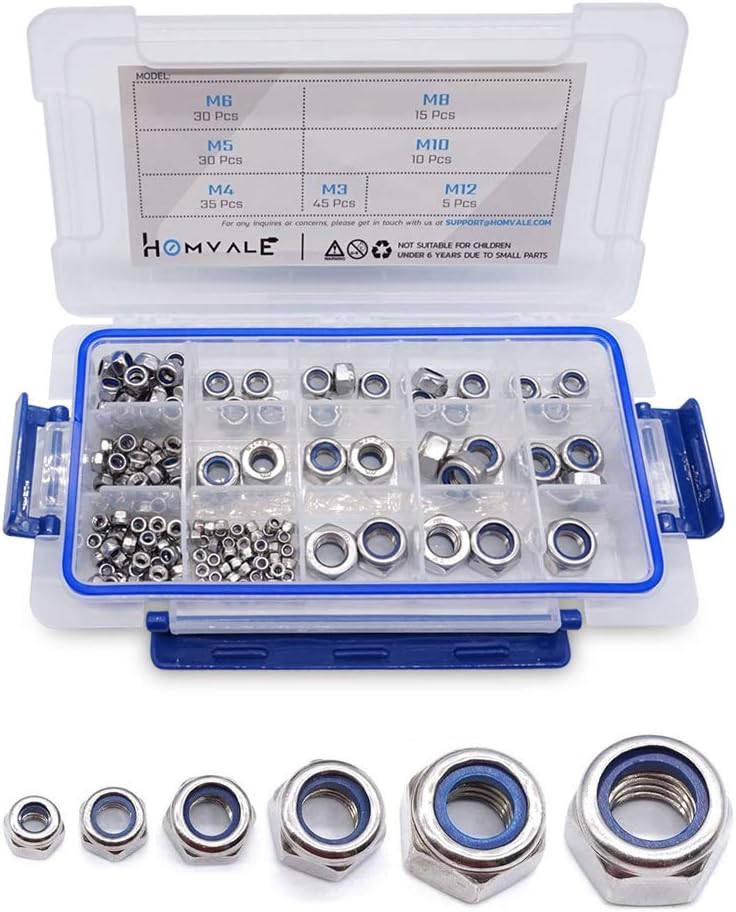 304 Stainless Steel Lock Nut Assortment 170 Pcs, M3 M4 M5 M6 M8 M10 M12 Nylon Insert Locknut