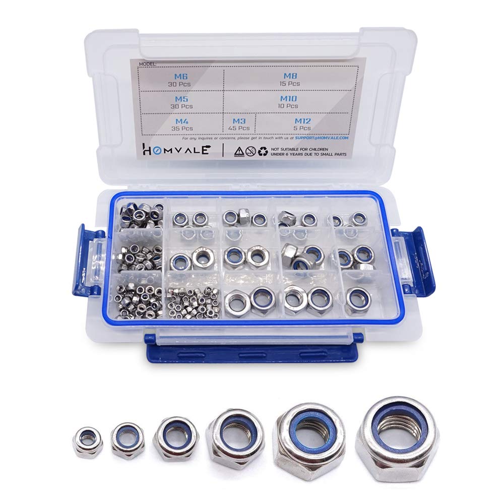 304 Stainless Steel Lock Nut Assortment 170 Pcs, M3 M4 M5 M6 M8 M10 M12 ...