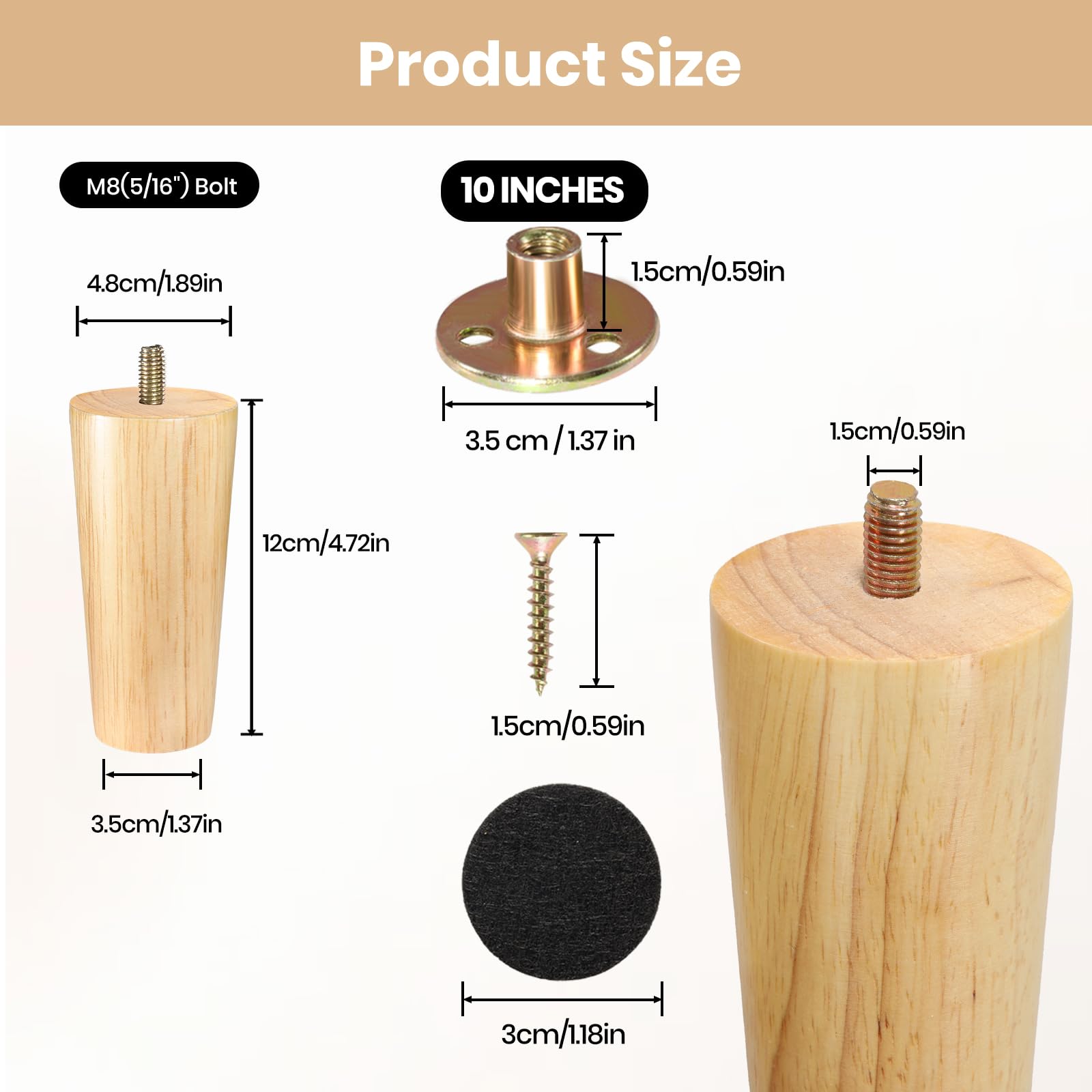 Zllzpzd Wooden Furniture Feet, Pack of 4 Wooden Feet for Furniture Conical Replacement Table Legs - Image 2