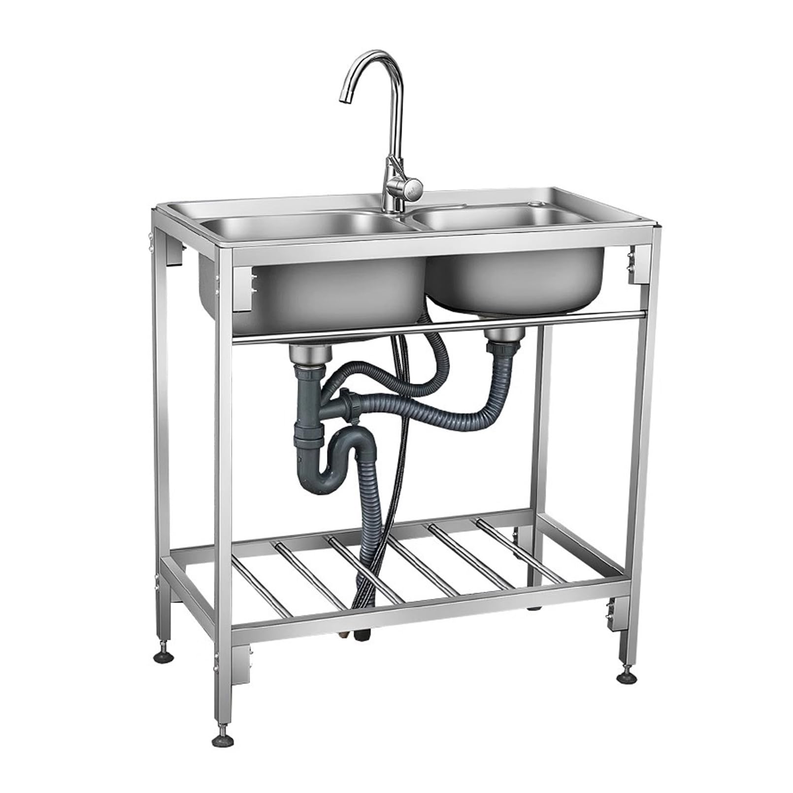 LMYSXAOZ Commercial Kitchen Sink Double Basins, Stainless Steel Utility Sink, Outdoor Catering Wash Basin with Cold and Hot Tap, Free Standing for Garage Garden Bar Restaurant