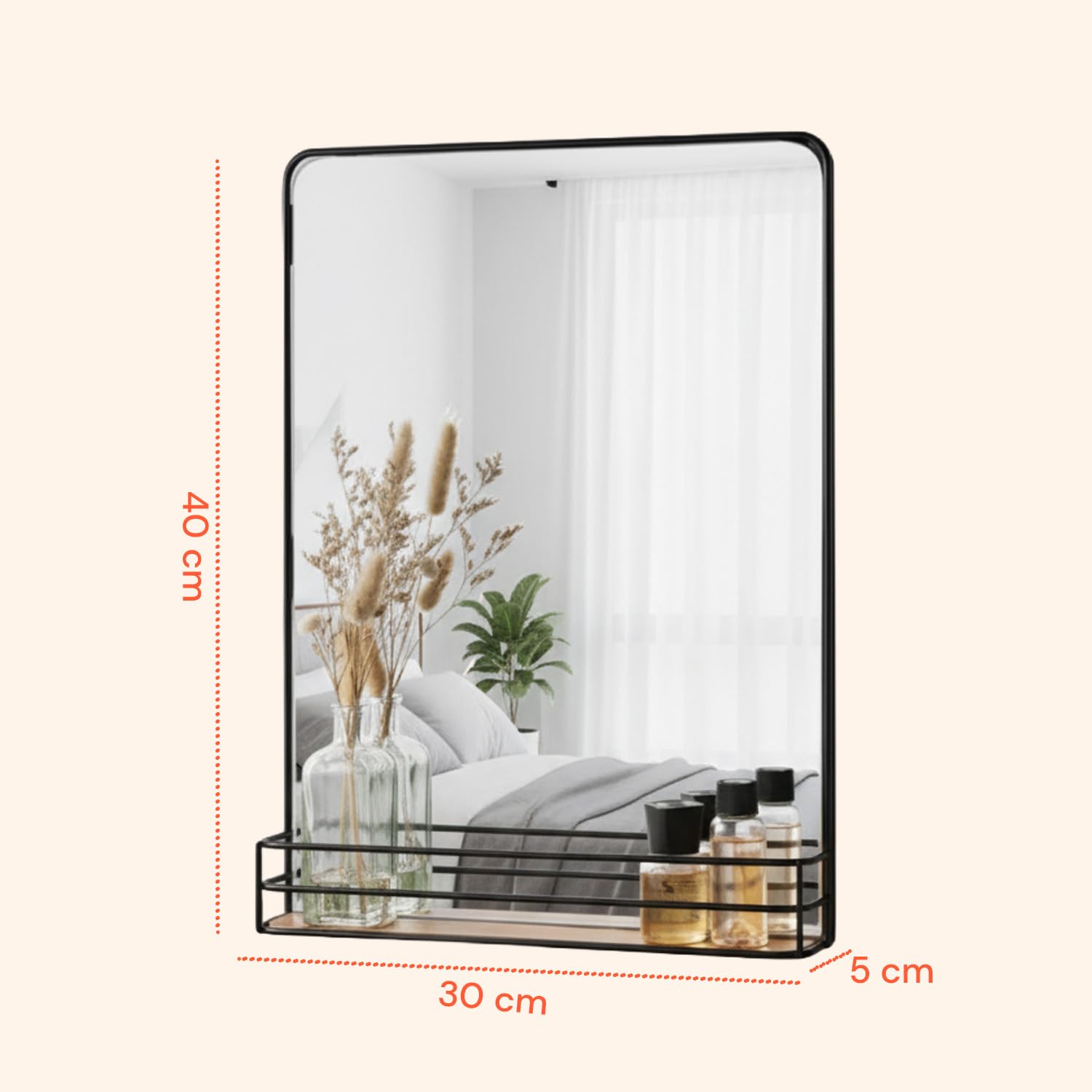 Avilia - Specchio da Parete 40x30x5cm Moderno con Cornice Nera e Ripiano in Legno - Specchio da Bagno con Mensola Portaoggetti Integrata - Design Elegante per Ingresso, Camera e Corridoio