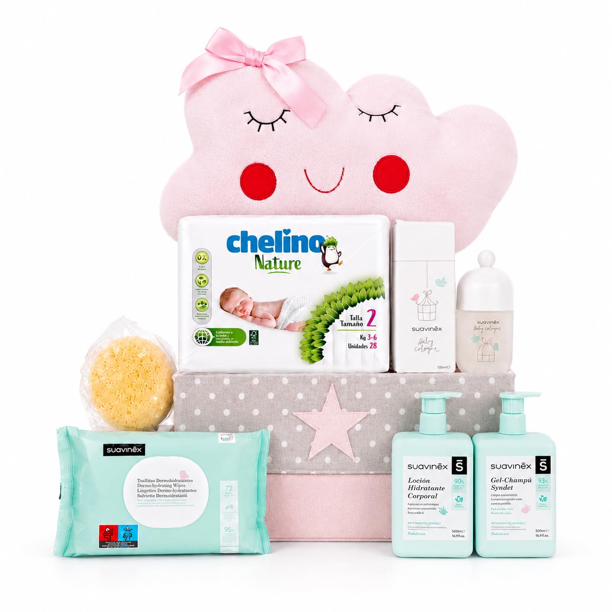 Canastilla Bebé Recién Nacido Nube | Cesta Bebé Regalo | Regalo Bebé Recién Nacido | Canastilla con Peluche Nube, Gel Champú, Loción, Colonia, Esponja, Toallitas y Pañales