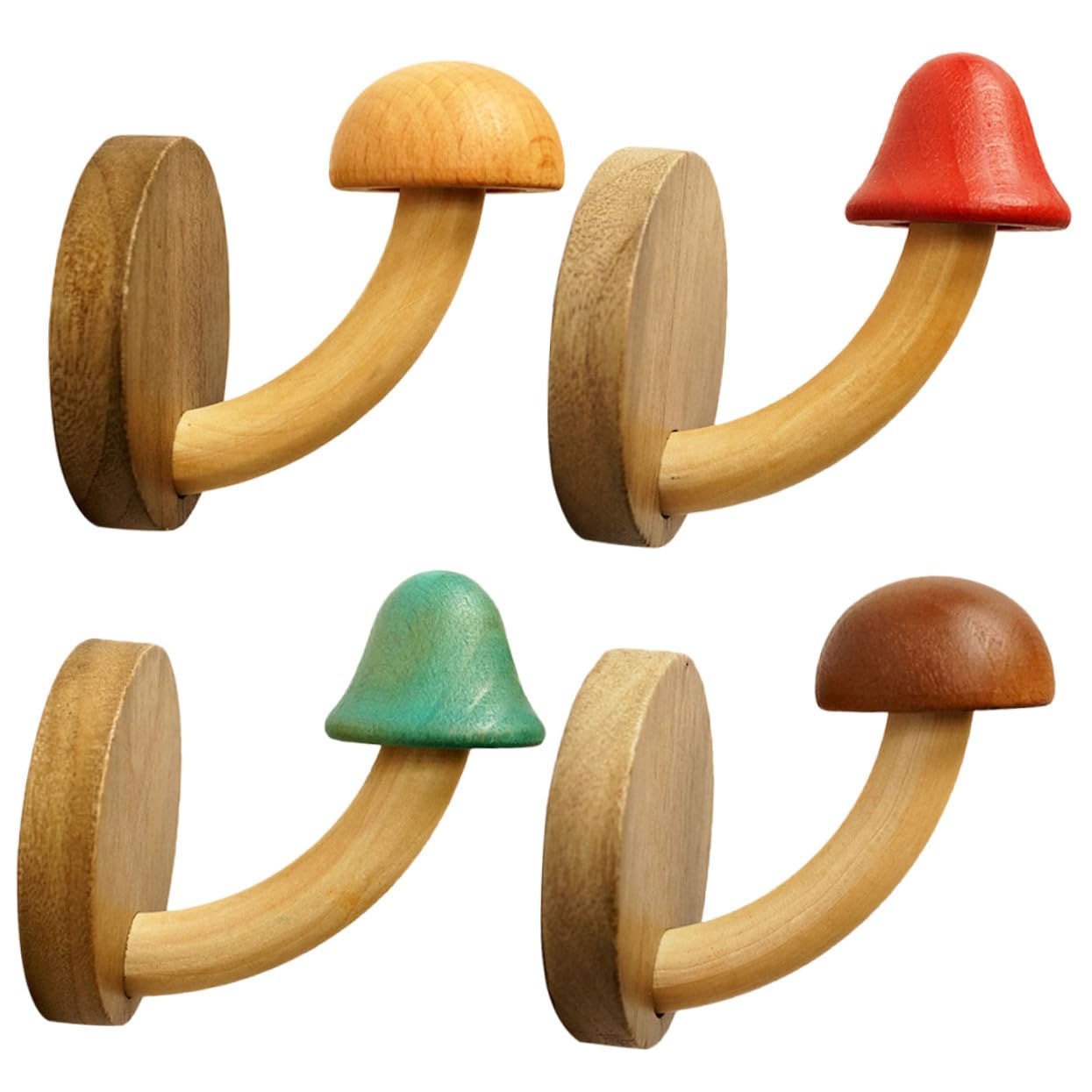 Crochets Muraux en Bois Forme Champignon sans Perçage, Lot 4 Pièces, Bois Naturel, Adhésifs, pour Salle de Bain et Chambre, Organisation Murale Multifonctionnelle
