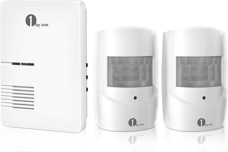 Alarma de entrada 1byone, 36 melodías, 1 receptor enchufable 2 detectores PIR | Sistema de alerta de seguridad para el hogar, diseño resistente a la intemperie, rango de transmisión inalámbrica de 1000 pies/300 m y rango de detección de movimiento PIR de 24 pies