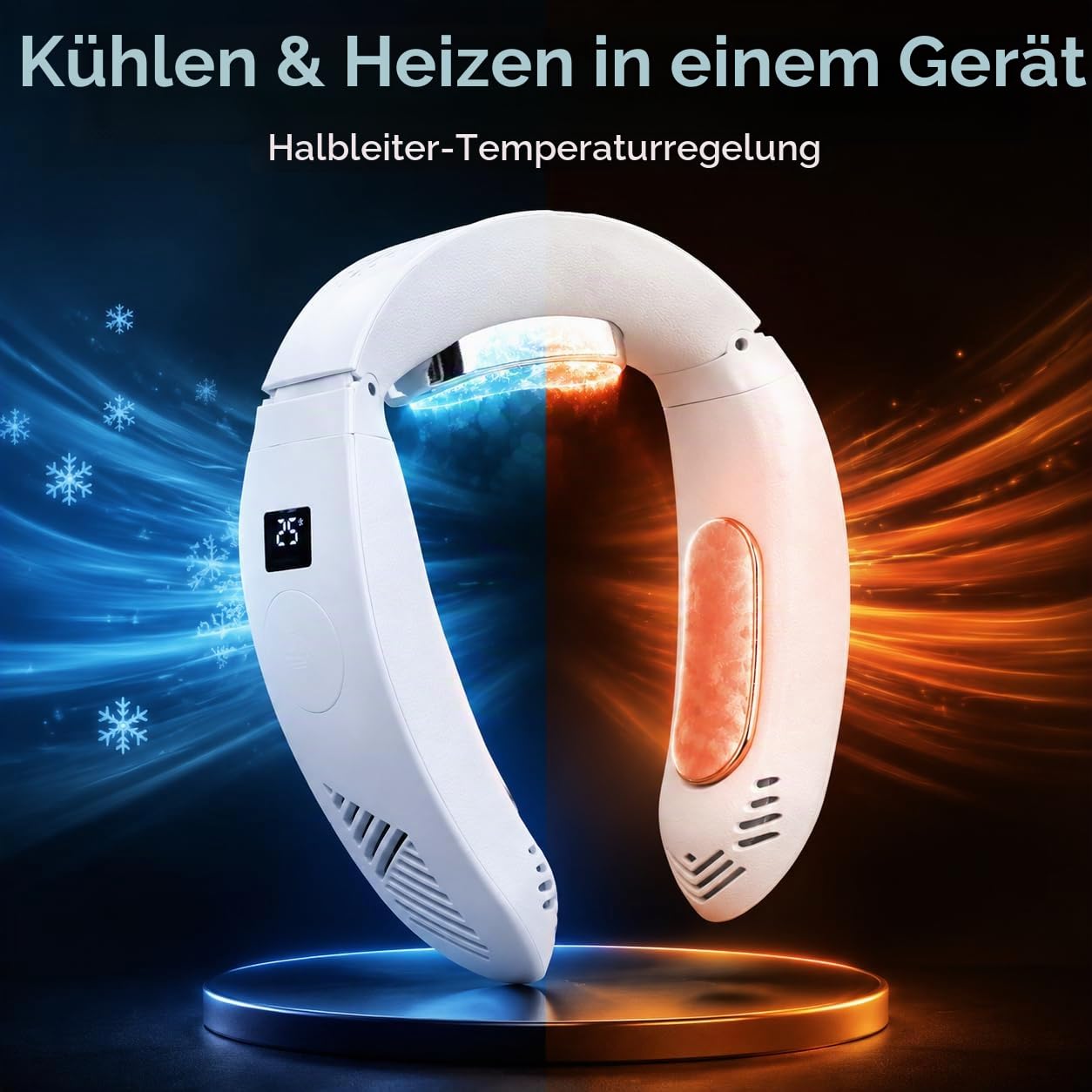 Tragbarer Nackenventilator, tragbare Klimaanlage mit Kühl- und Heizmodus, 3500 mAh wiederaufladbar, 3 Geschwindigkeiten einstellbar, flügelloses persönliches Kühlgerät für