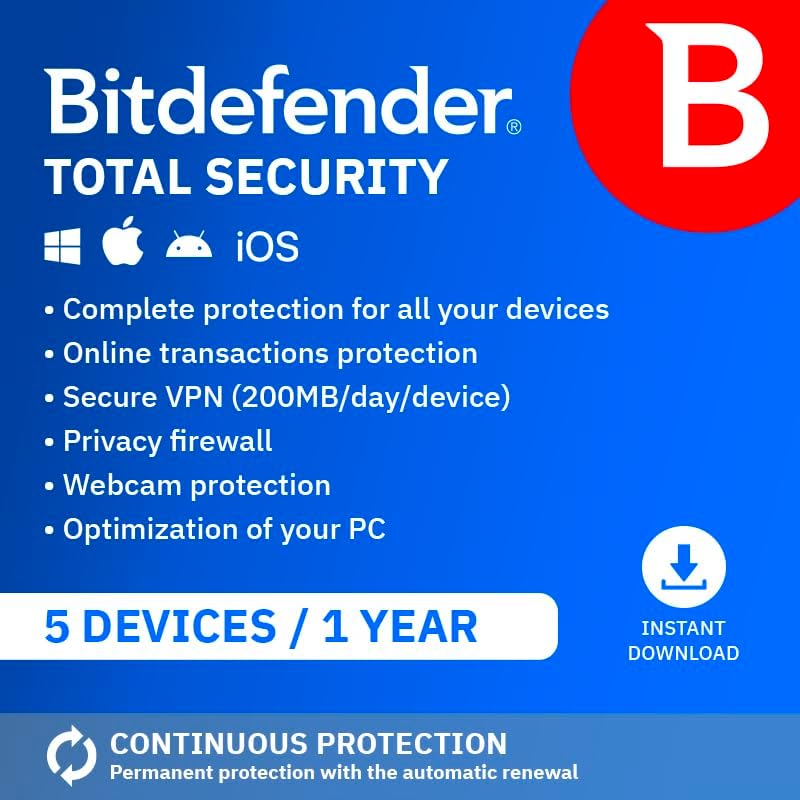 Bitdefender Total Security| 5 Devices | 1 Year | PC/Mac/iOS/Andro...