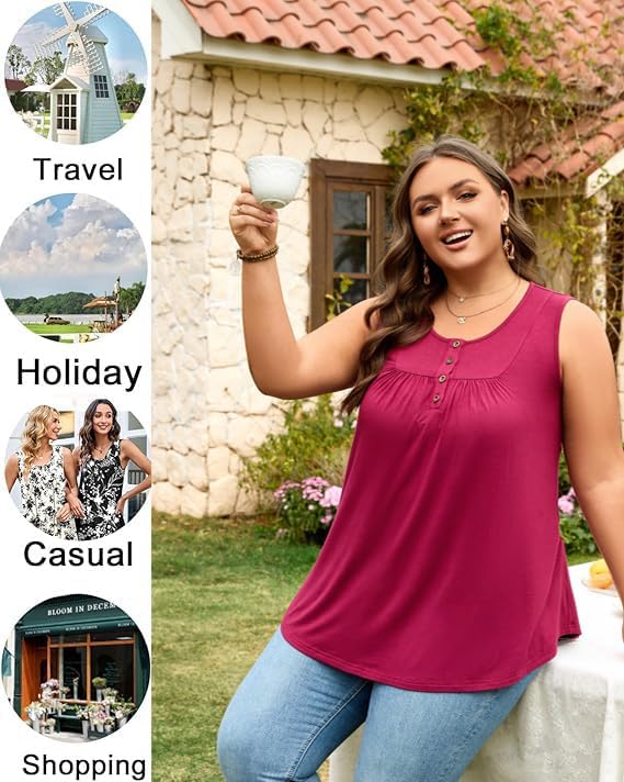 POPYOUNG Womens Summer Tank Tops Sleeveless Loose Fit Shirts Henley Button Down Casual Blouse - Image 5